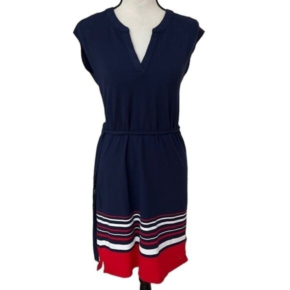 TOMMY HILFIGER Navy Sleeveless Waist Tie Dress cotton blend size XS - Picture 1 of 5